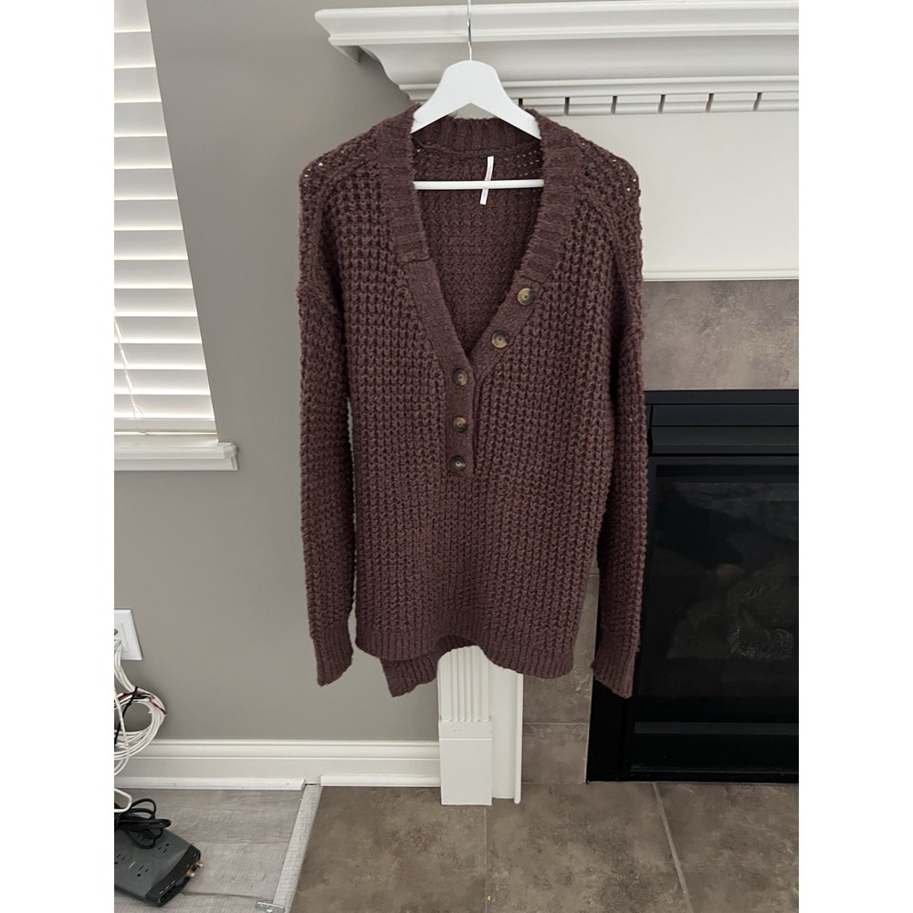 Free People Whistle Thermal Henley Sweater Brownstone Combo S Oversized Boho - Picture 3 of 8